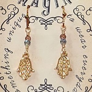 IMAGINE BLUE HILL ROSE GOLD CRYSTAL BEADS HAMSA HAND EARRINGS ARTIST DESIGN USA